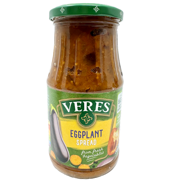 Jar of Veres eggplant spread with a green lid on a white background