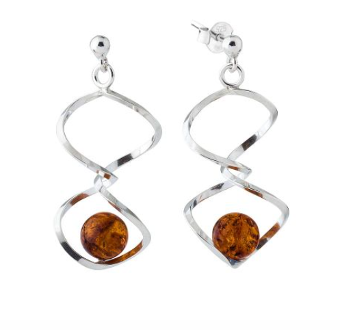 Very elegant hanging 925 silver earrings in the shape of a spiral with Baltic amber
