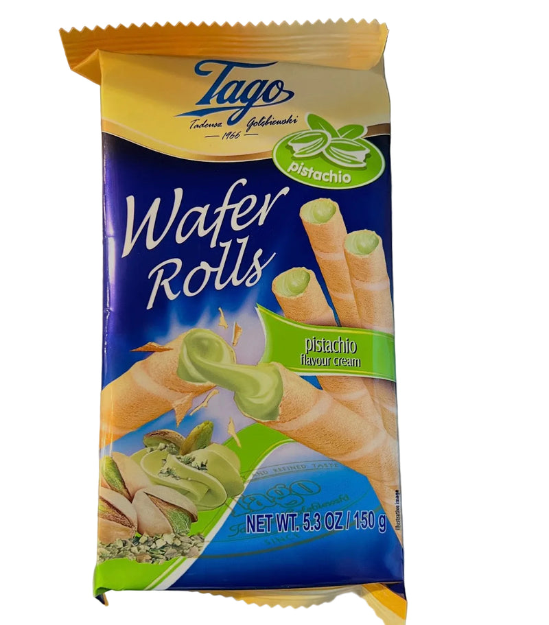 Packaging of Tago Wafer Rolls Pistachio flavor on a metallic surface