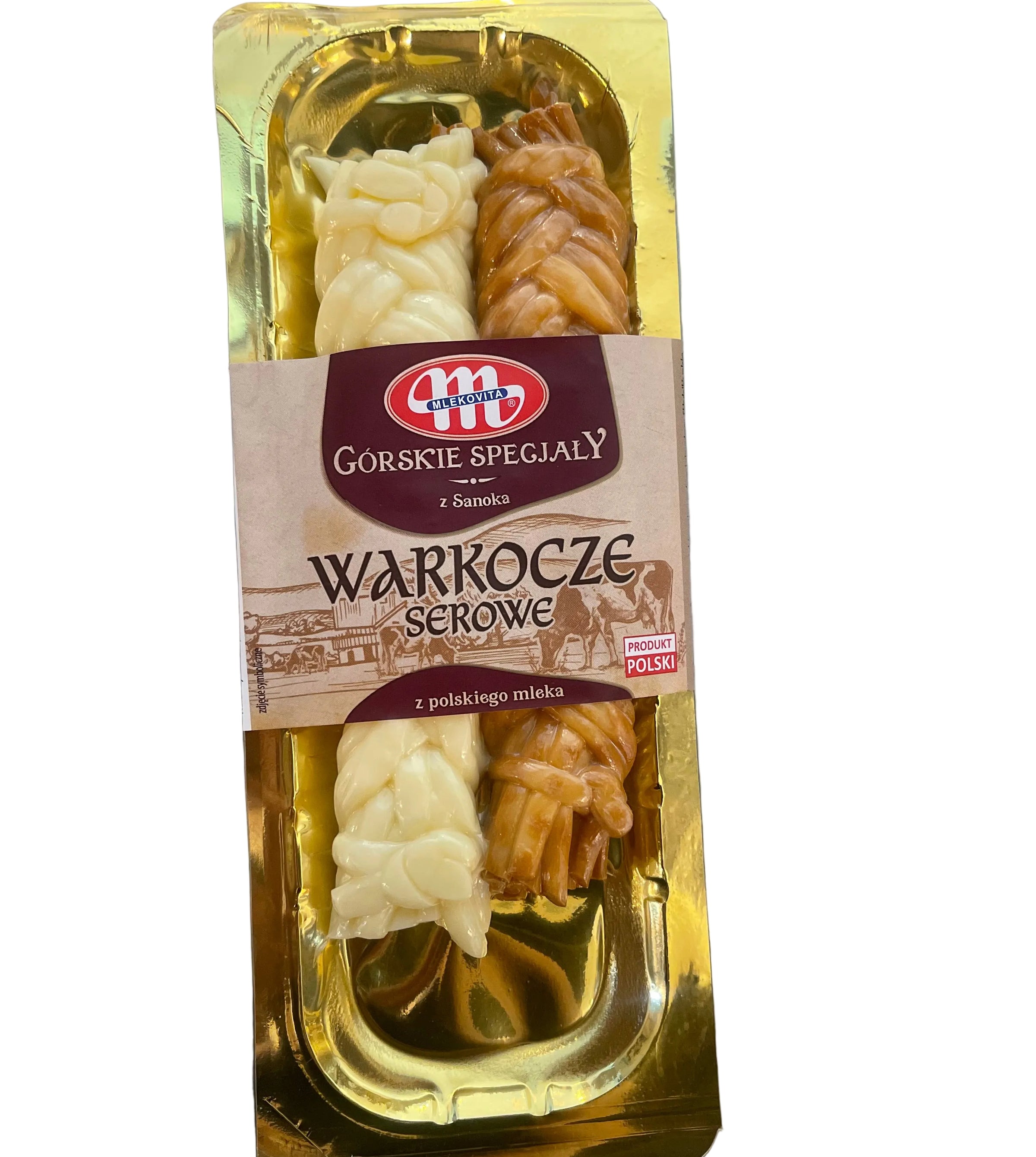 Packaged food item with a gold and brown label on a metallic surface