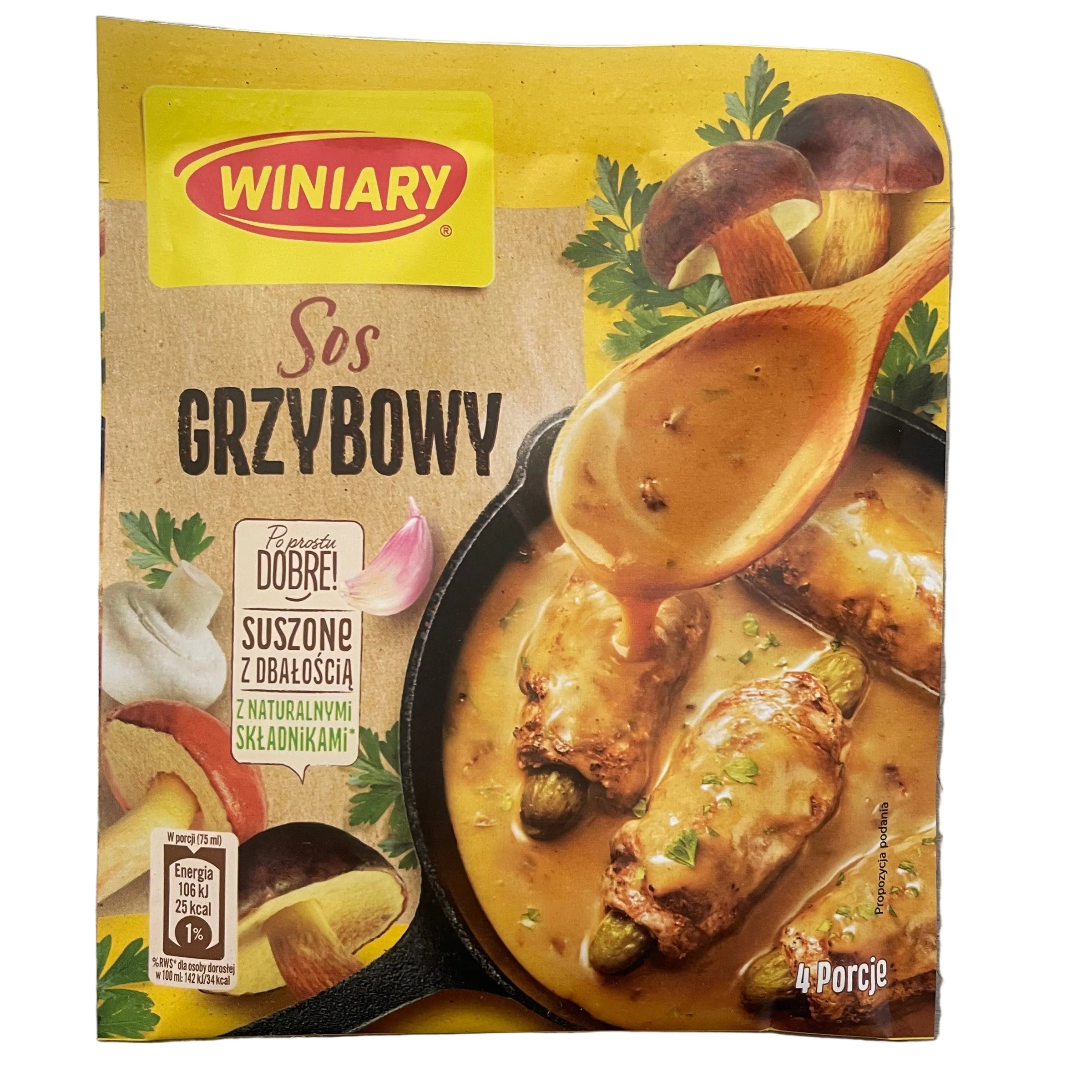 Packaging of Winiary mushroom soup with a bowl of soup on a gray background