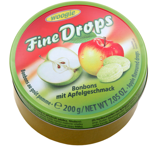 Container of Woogie Fine Drops with apple flavor on a white background