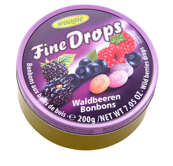 Purple container of 'Fine Drops' bonbons with fruit illustrations on a white background