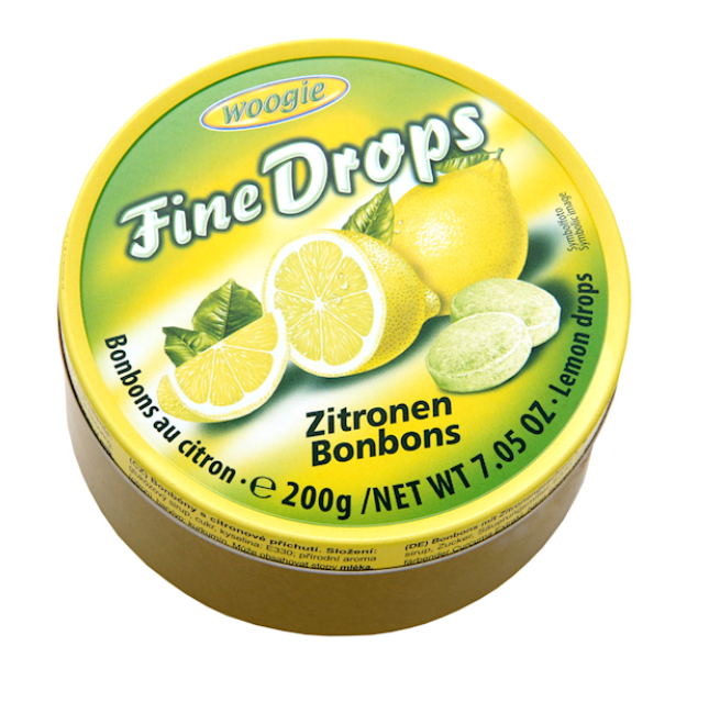 Container of Woogie Fine Drops Lemon Bonbons with lemon graphics on a white background