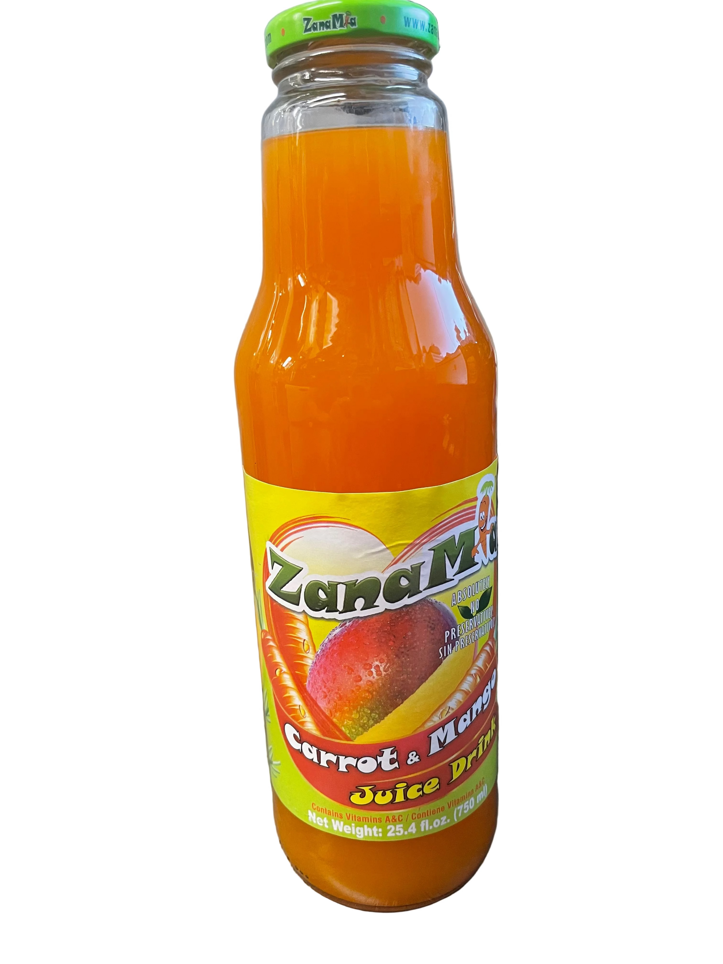 A bottle of Zanca Carrot & Mango Juice Drink with bright orange liquid, set on a wooden table in an indoor environment.