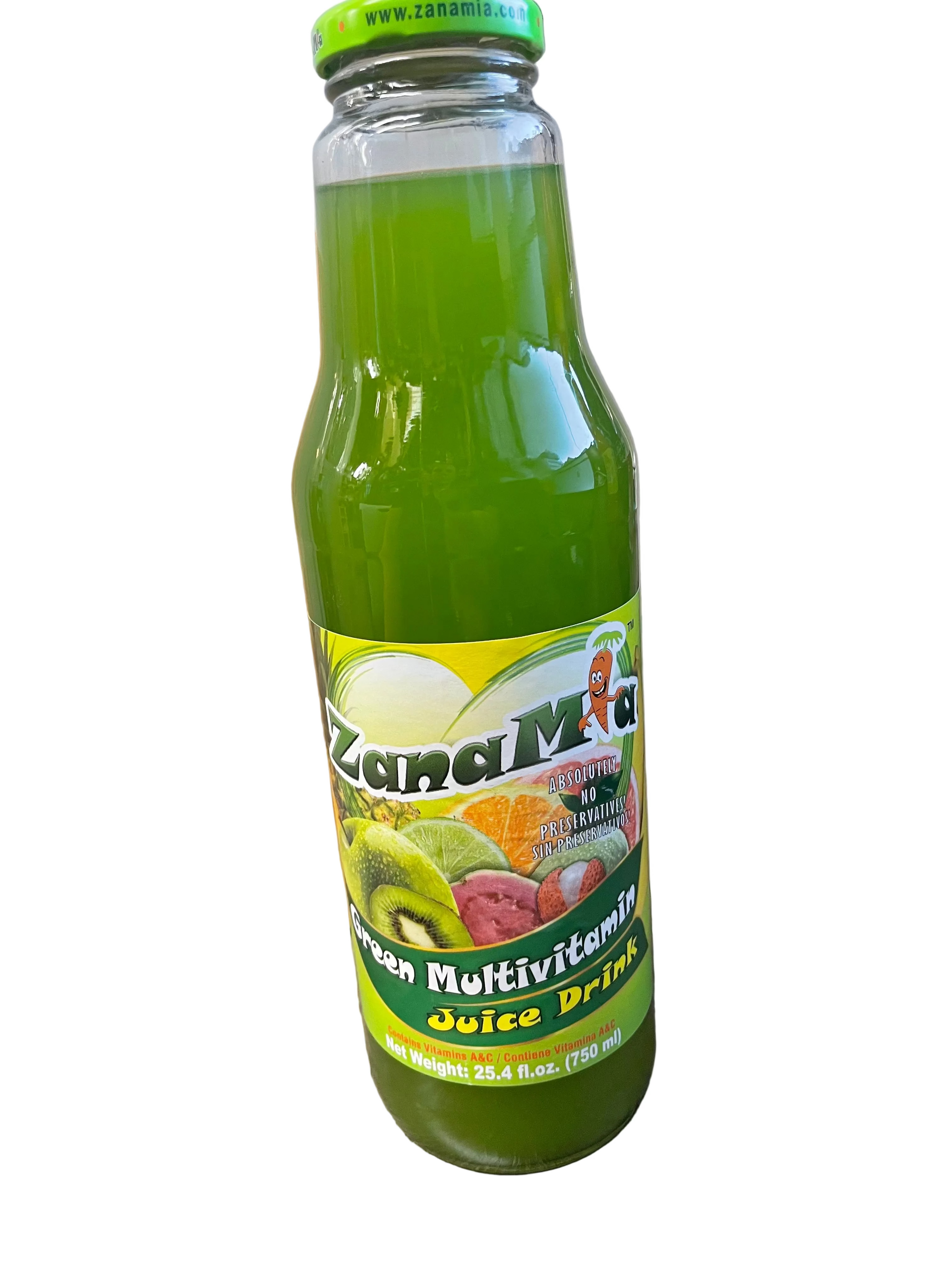 A glass bottle of Zancini Green Multivitamin Juice Drink filled with bright green juice, standing on a wooden table in an indoor setting.