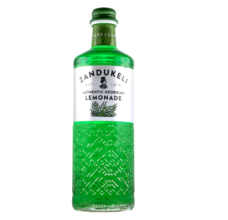 Green bottle of Zandukeli lemonade on a white background
