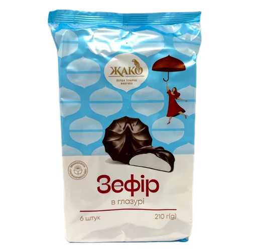 Packaged product with blue and white design featuring a chocolate treat and a woman with an umbrella.