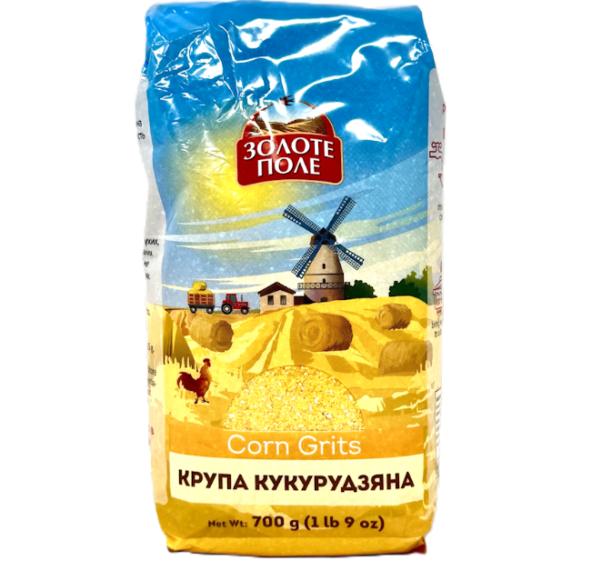 Bag of corn grits with a scenic design on the packaging