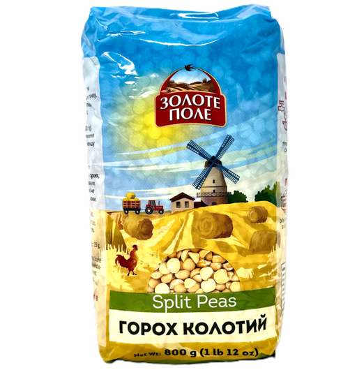 Bag of split peas with a scenic label on a white background