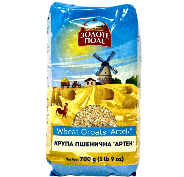 Bag of wheat groats with a scenic design on the label