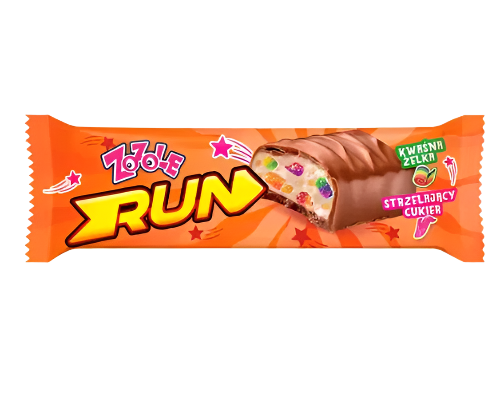 Zoole Run candy bar packaging with colorful design on an orange background