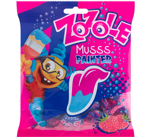 Colorful packaging of Zole Musss Painter with cartoon character and paintbrush illustration.