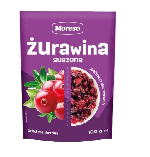 Purple package of Moreso dried cranberries with images of cranberries on a white background