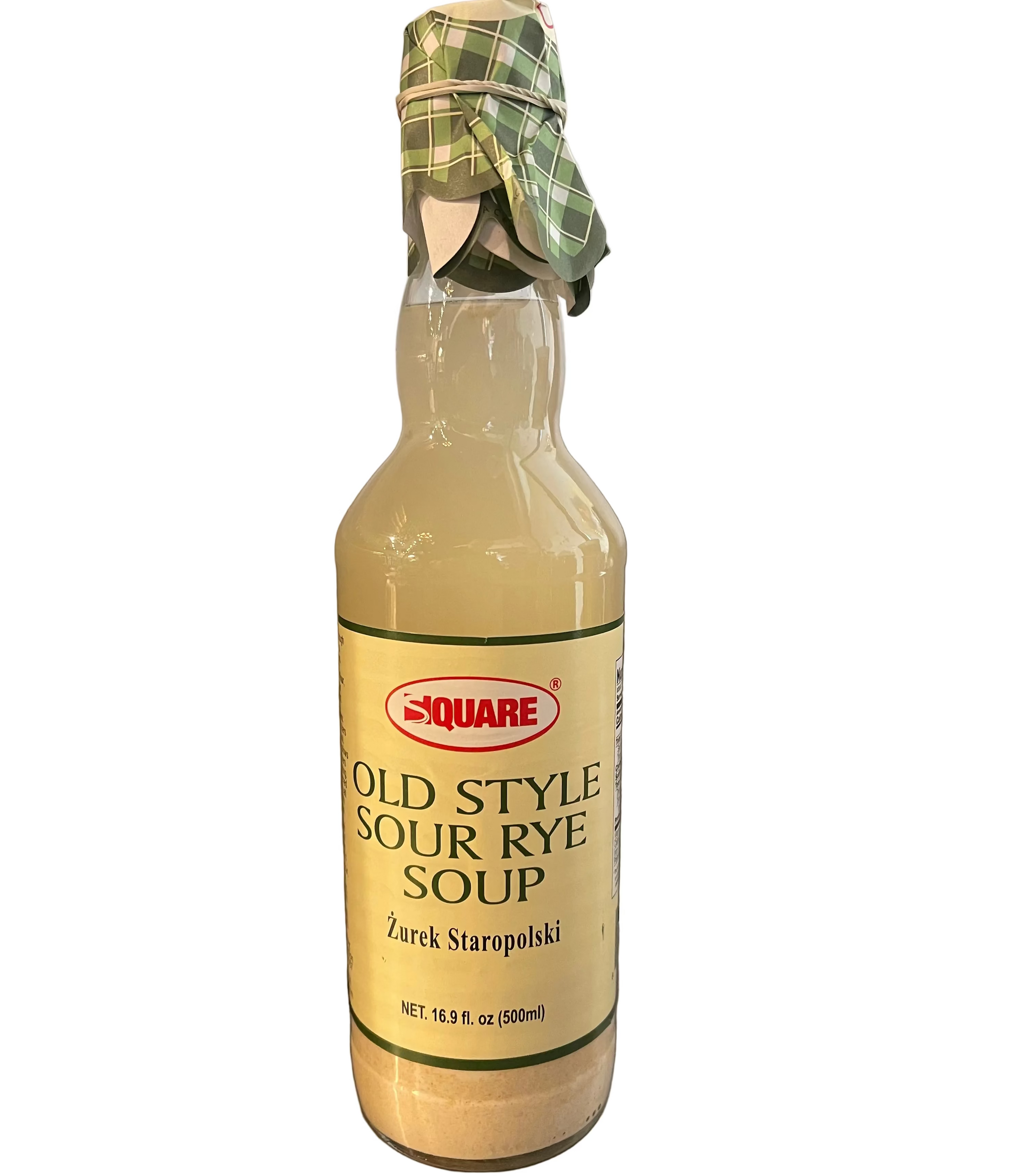 Bottle of Old Style Sour Rye Soup with a label on a metallic surface