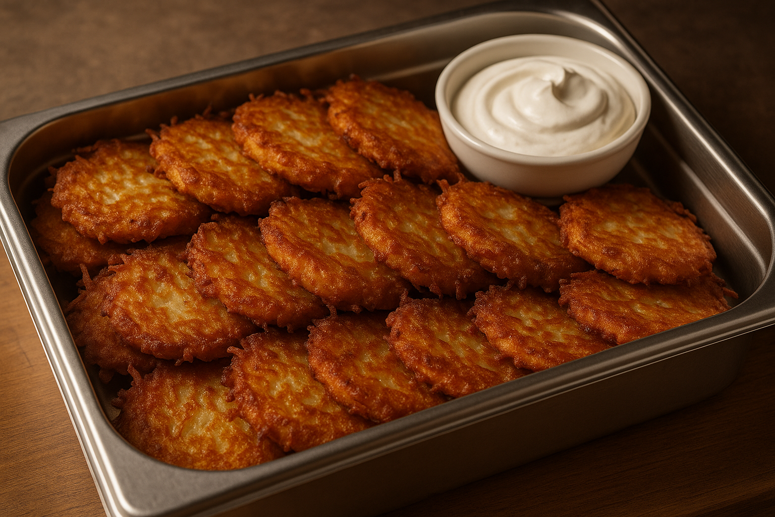 a lot off potato pancakes in the deli tray with sour cream on the side