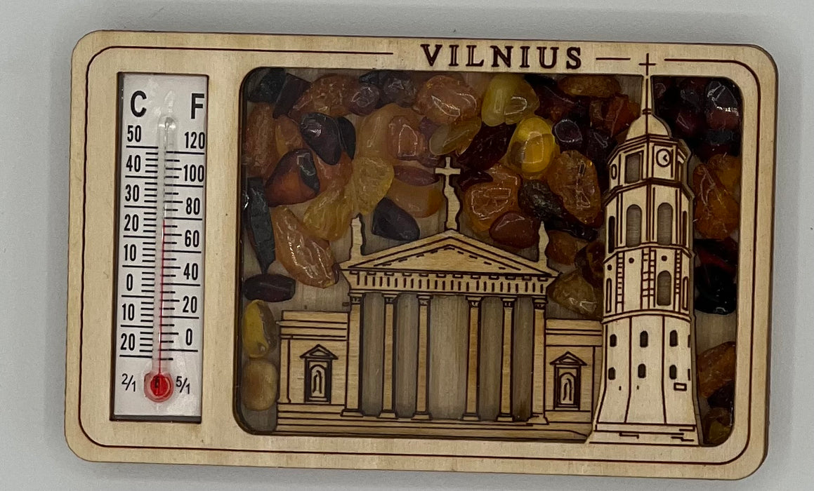 Magnet Vilnius with thermometer decorated with amber