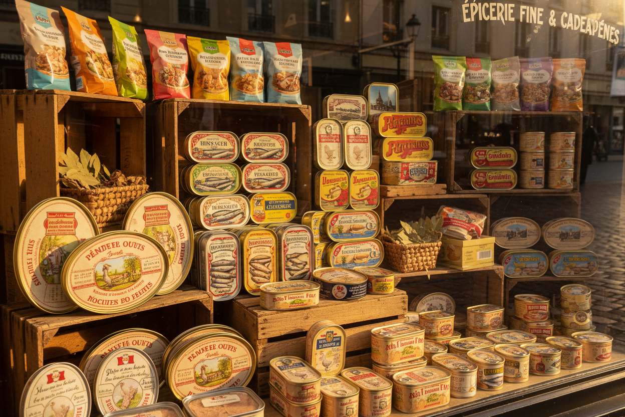 Assorted European canned goods and soups - pates, sprats, sardines, luncheon meat, and dry soup packets- displayed in european food and gifts store window in good sunlight