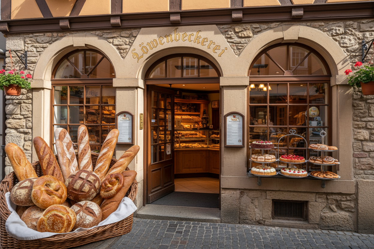 Bakery storefront with a basket of bread and pastries displayed outside.