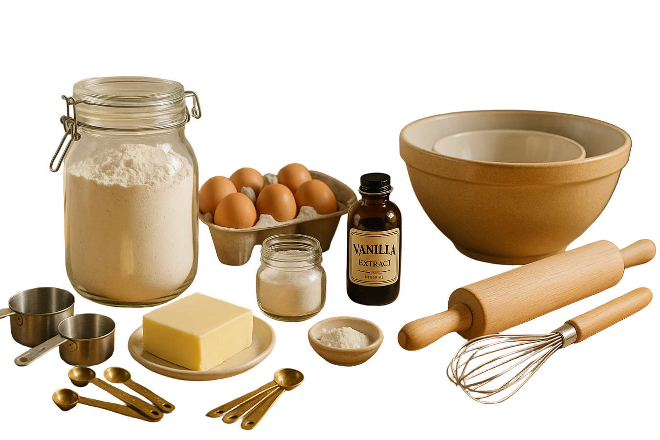 Baking ingredients and tools including flour, eggs, vanilla extract, a wooden bowl, rolling pin, and measuring cups on a white background.