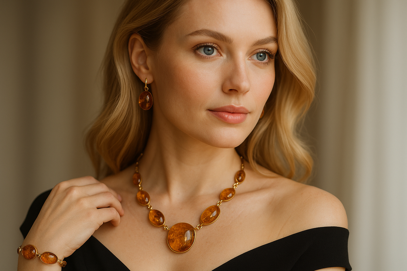 blond hair blue eye beutiful women wering amber jewelery set