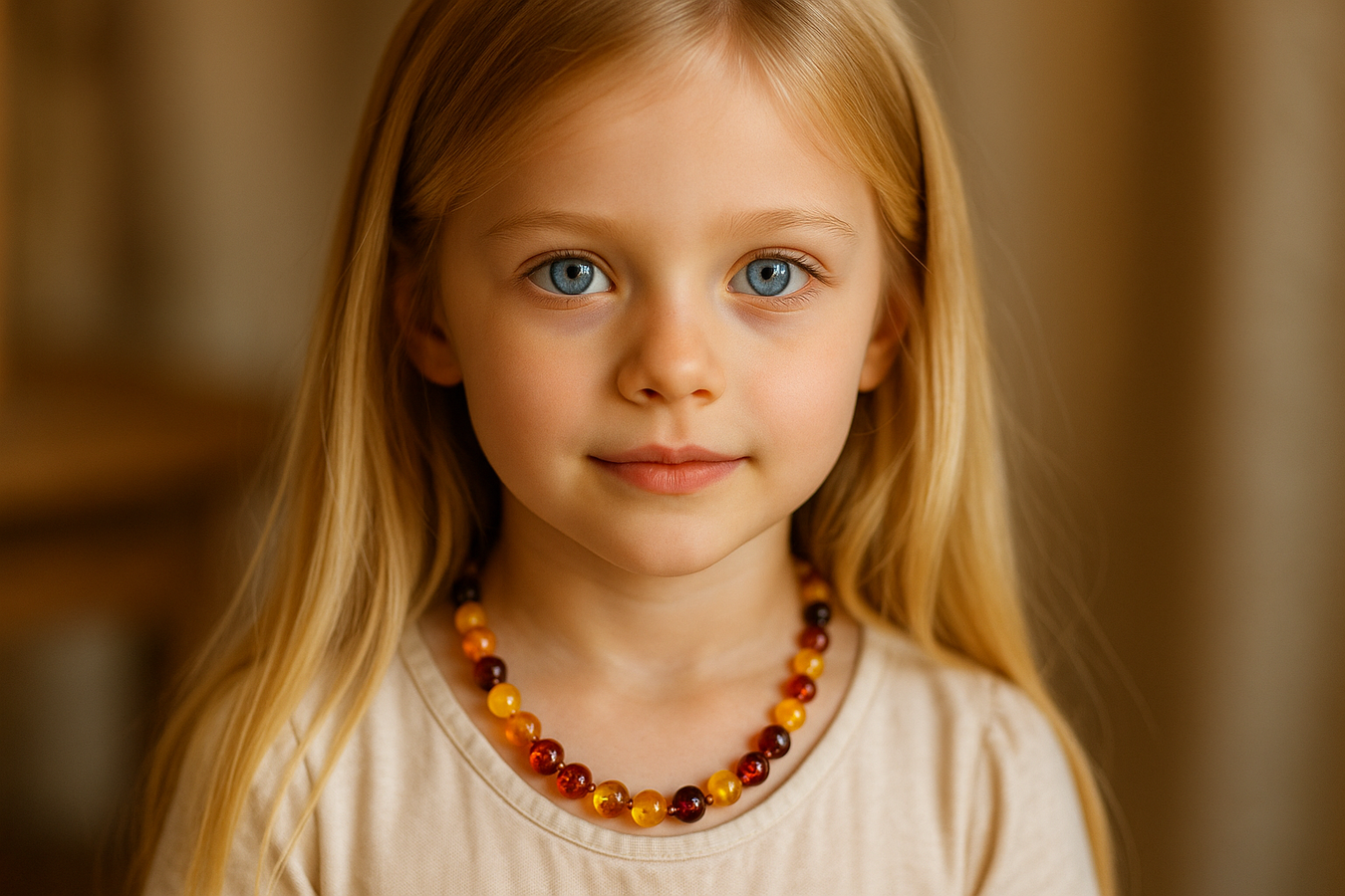blue eye blond hair girl whearing multicolor amber necless