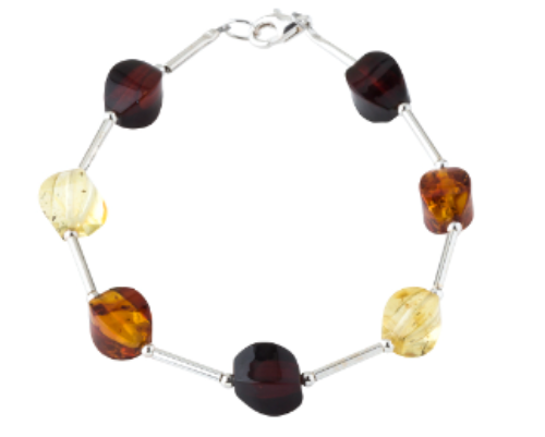 A bracelet with amber in three colors and silver