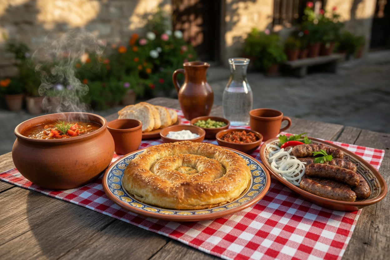 burek served on big nice plate on the serbian village table also chivapi, pot of guliash