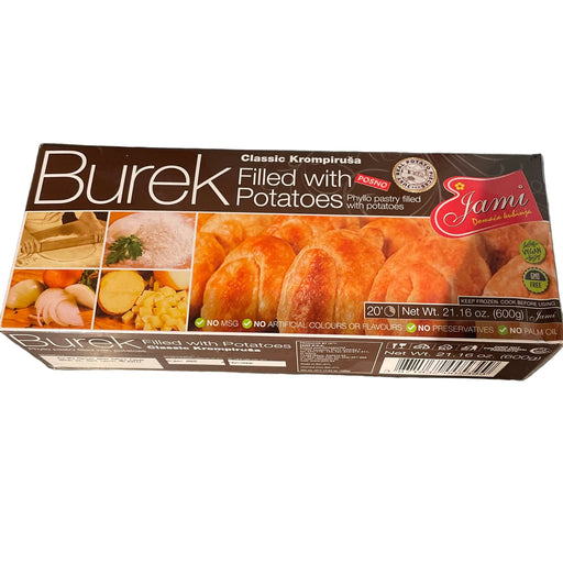 Box of Burek filled with potatoes on a metallic surface