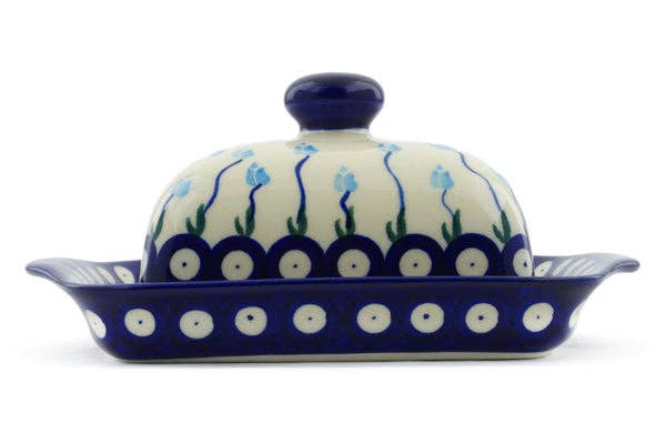 Butter Dish 8" Peacock Tulip Garden Theme, polish pottery Boleslawiec, maselniczka