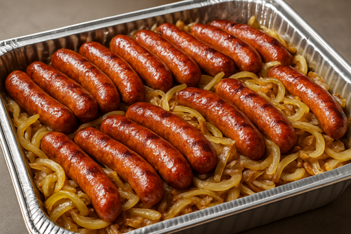 catering tray full baked smoked polish sausage with onions