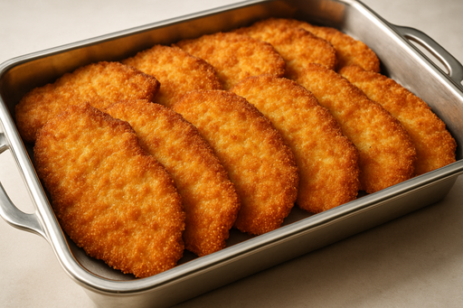 catering tray full of Baked crispy  breaded pounded chicken breast cutlets 