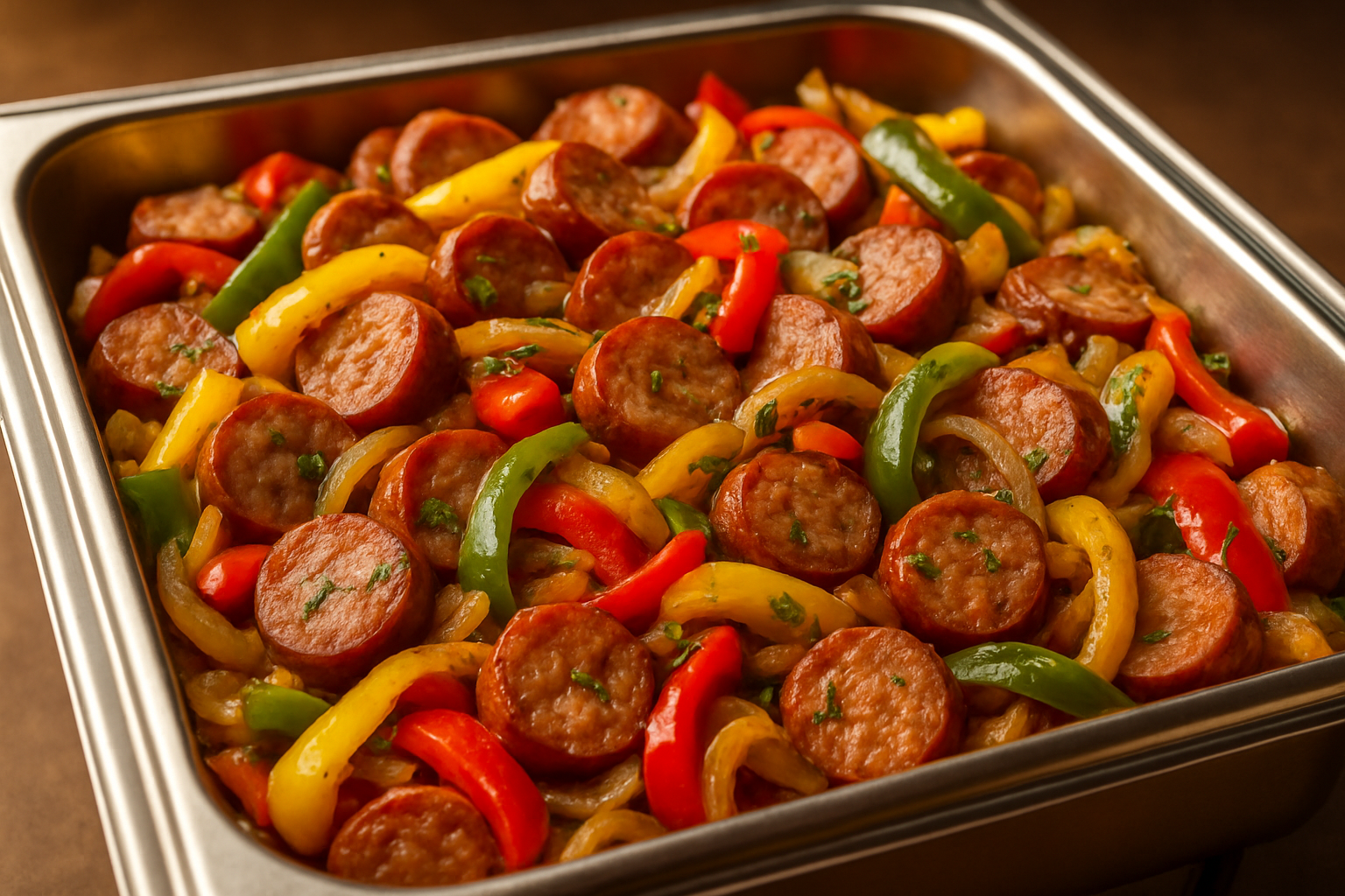 catering tray of baked Sliced Smoked Sausage with sweet Peppers and Onions