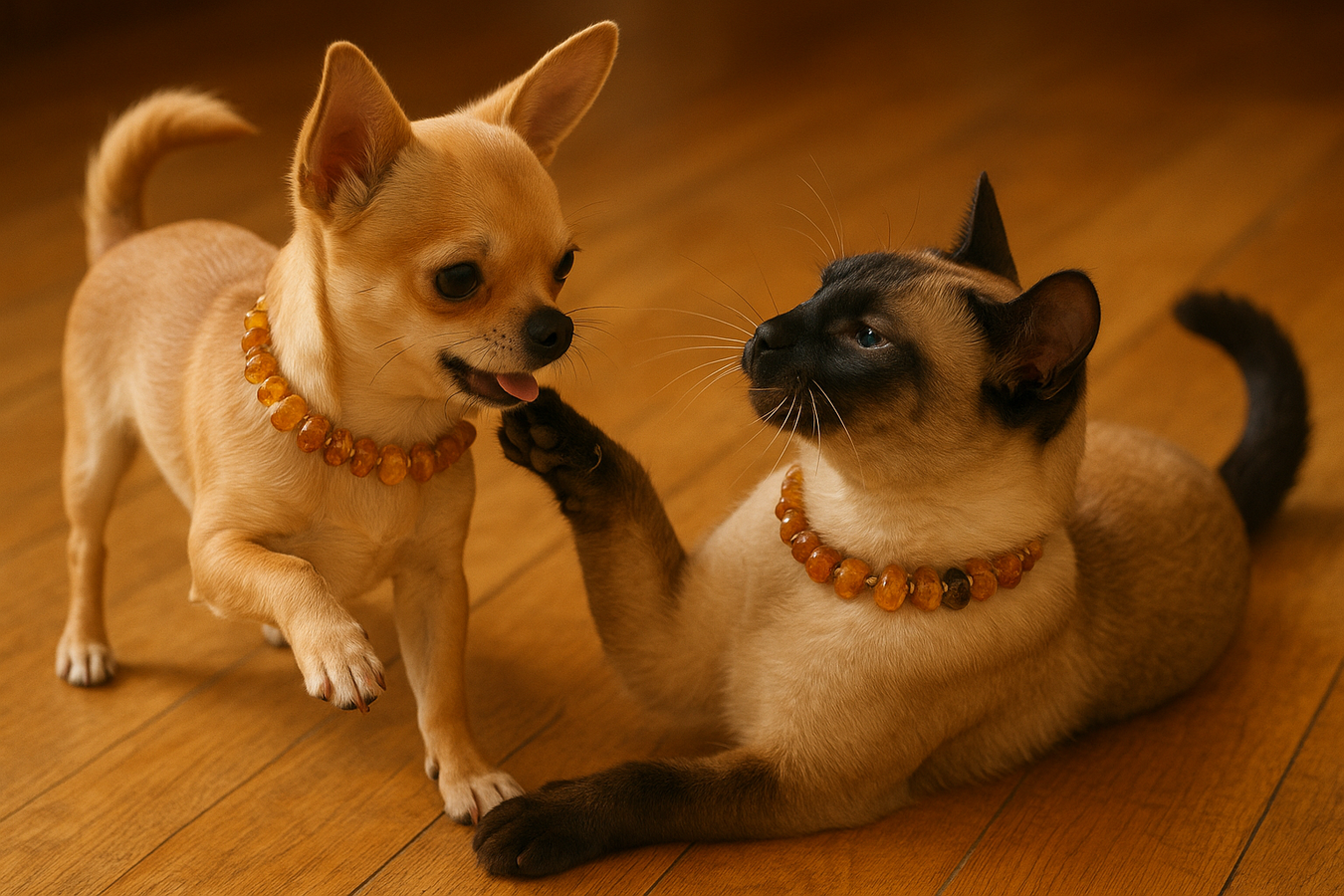 Chihuahua bread dog whearing raw amber colar playing with Siamese cat wearing raw amber colar 