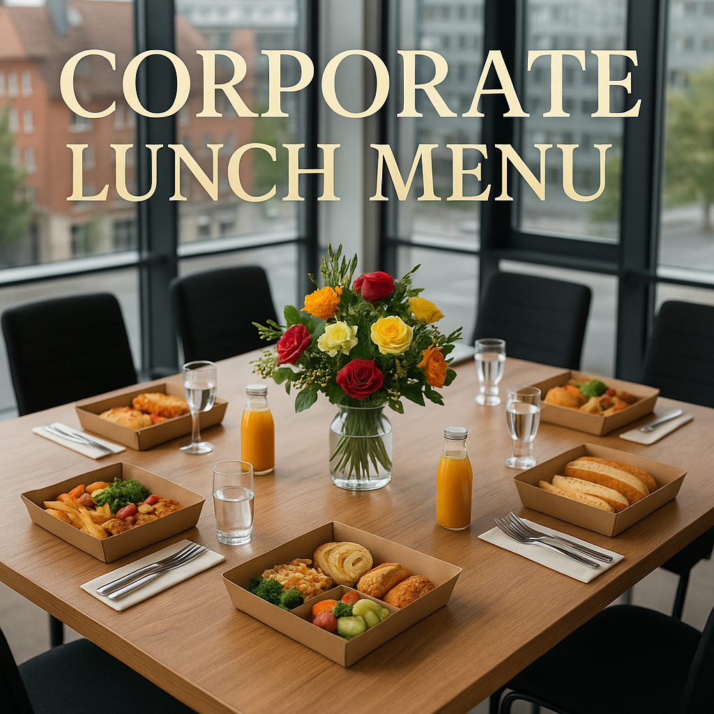Corporate lunch catering setup in a modern conference room with individually packed meals, beverages and a floral centerpiece, catered by European Food & Gifts in Gurnee, Illinois.