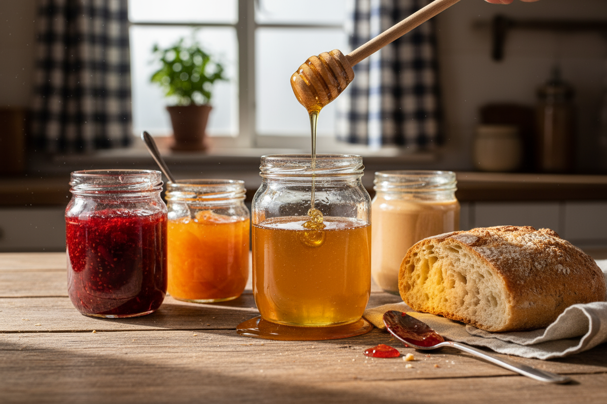 Honey being drizzled into a jar with jars of jam and bread on a wooden table.