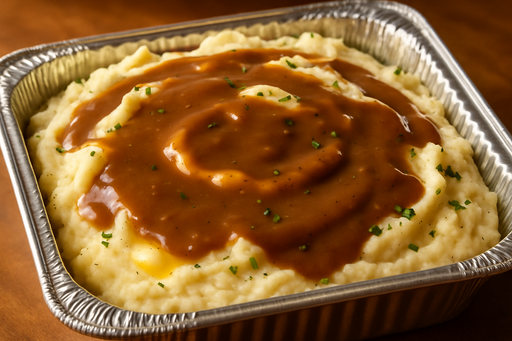 Deli tray full of homemade mash potatoes with gravy