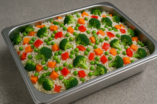 Deli tray full of RICE WITH VEGETABLES