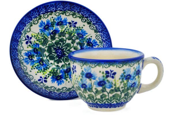 Cup with Saucer Fresh Flora Theme, polish pottery Boleslawiec