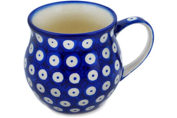 Bubble Mug 13 oz Blue Eyed Peacock Theme, kubek, polish pottery, Boleslawiec