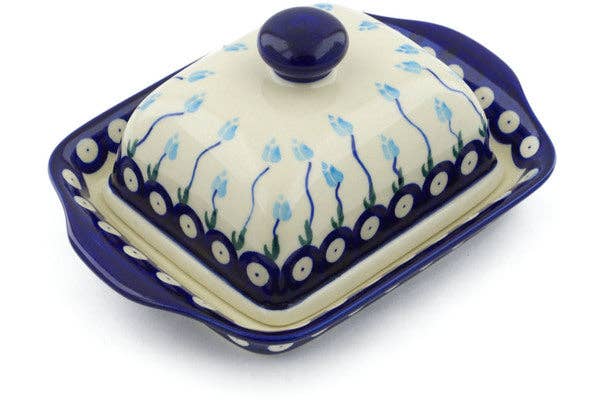 Butter Dish 8" Peacock Tulip Garden Theme, polish pottery Boleslawiec, maselniczka
