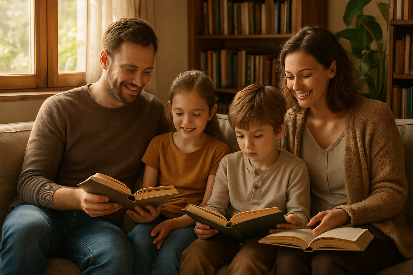 european family with kids readig books