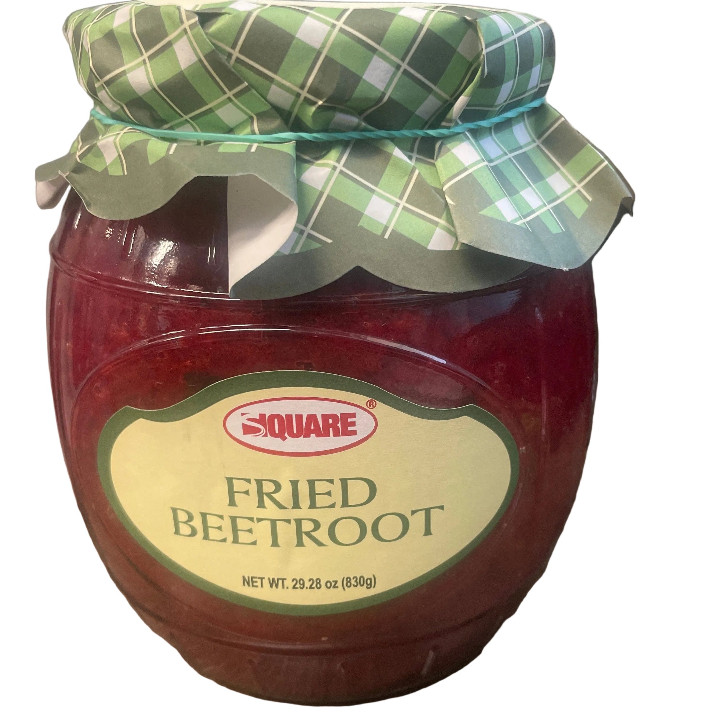 Jar of fried beetroot with a green checkered lid on a wooden surface