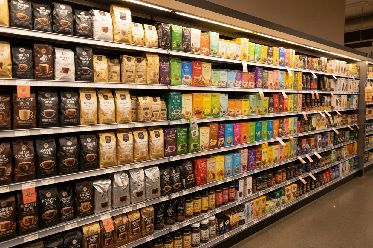Grocery stores Isle shelf full European coffee and tea