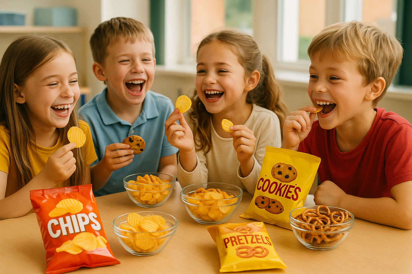 Four children enjoying snacks including chips, cookies, and pretzels at a table.