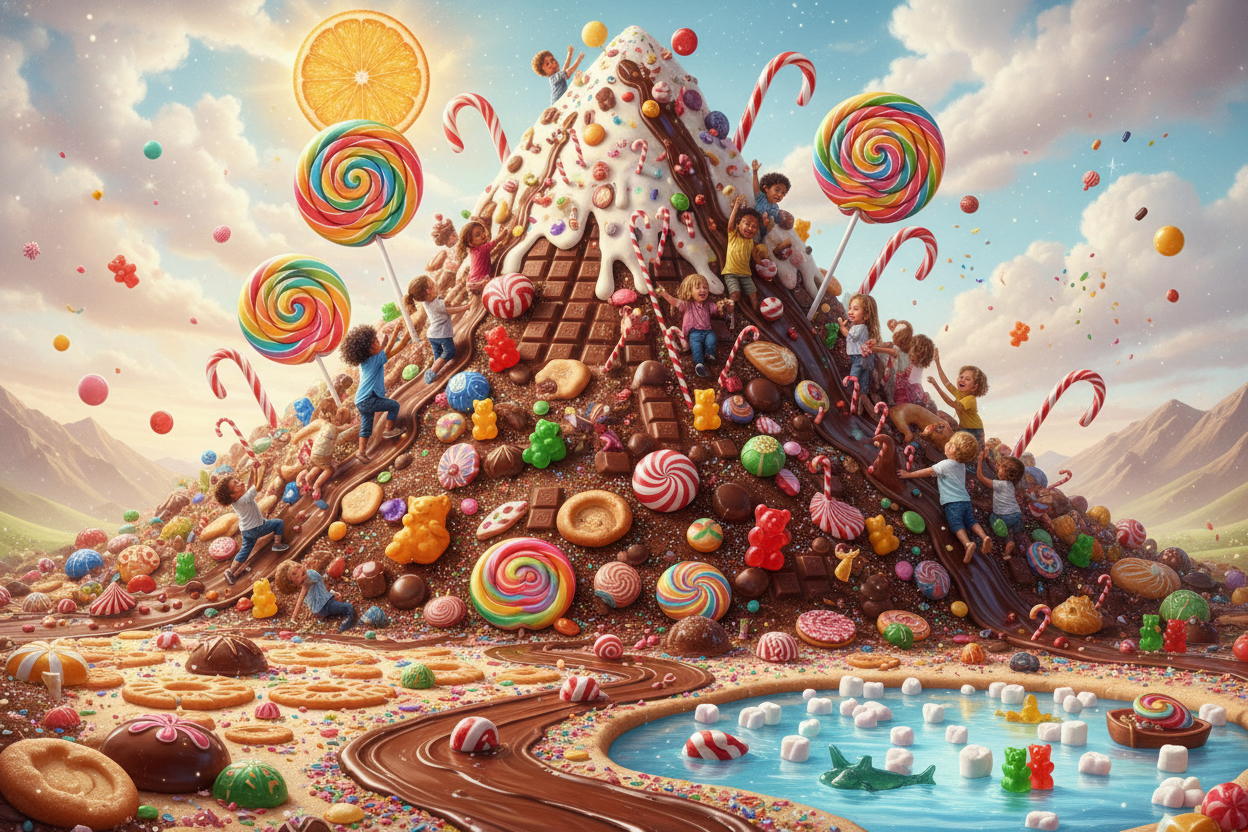 kids claimbing in to chocolate and candy mountan