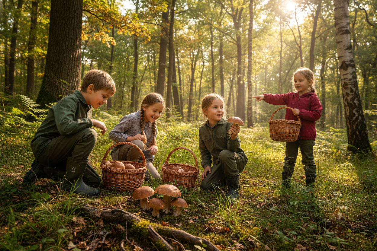 kids in wild woods on sunny day picking boletos mushrooms