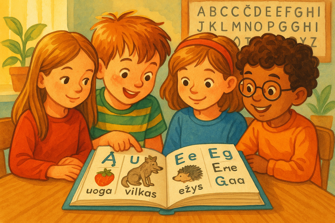 Four children sitting around a table with a book displaying letters and pictures, with Lithuanian  alphabet chart on the wall.
