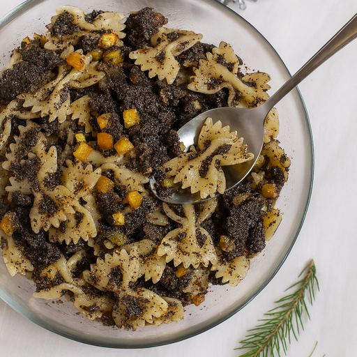 Pasta dish with a spoon in a glass bowl on a light background