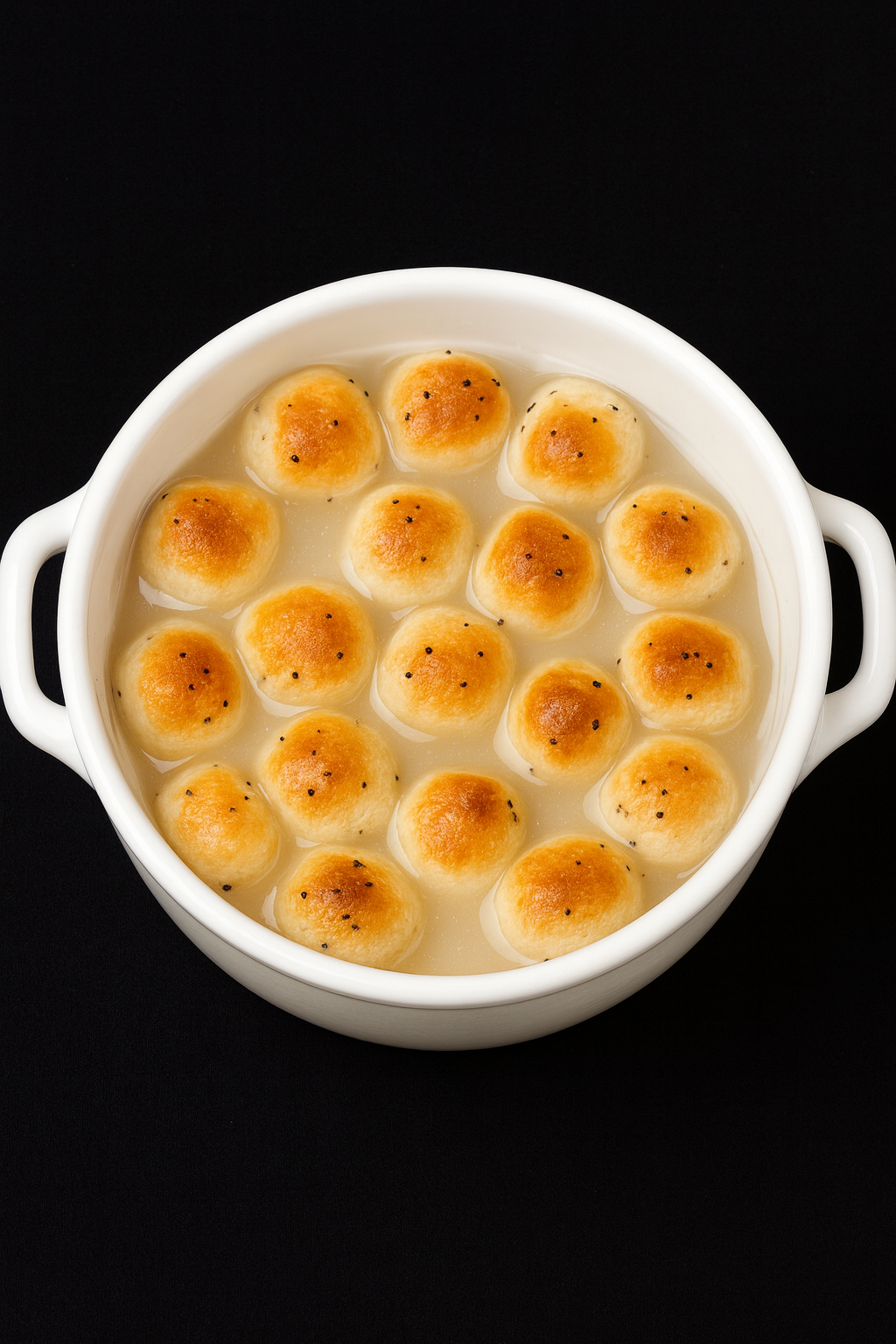 Baked dish with golden brown topping in a white ceramic dish on a black background